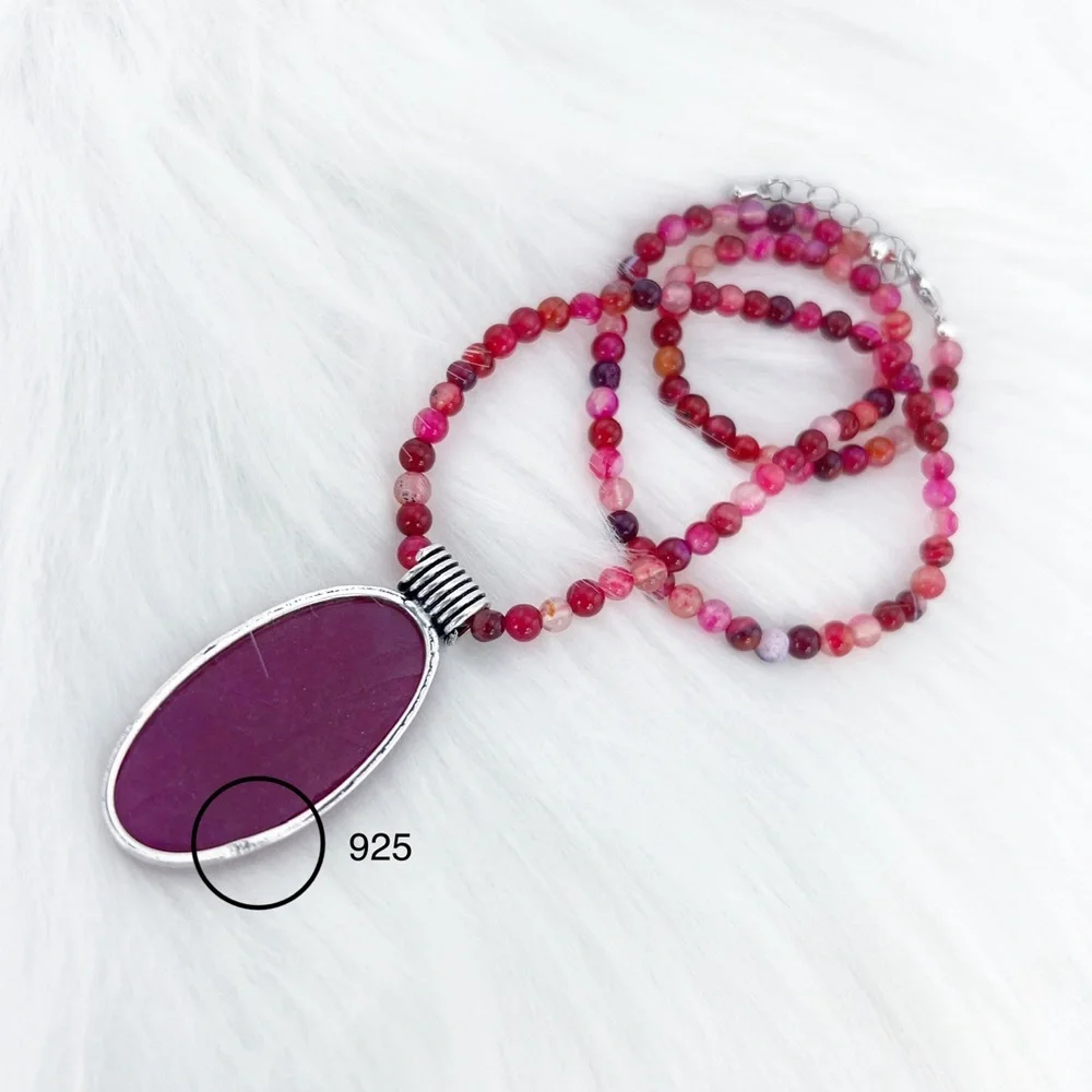 Ruby Tourmaline Pendant Solid Sterling Silver 925 and 4mm Agate Necklace New - Picture 5 of 6
